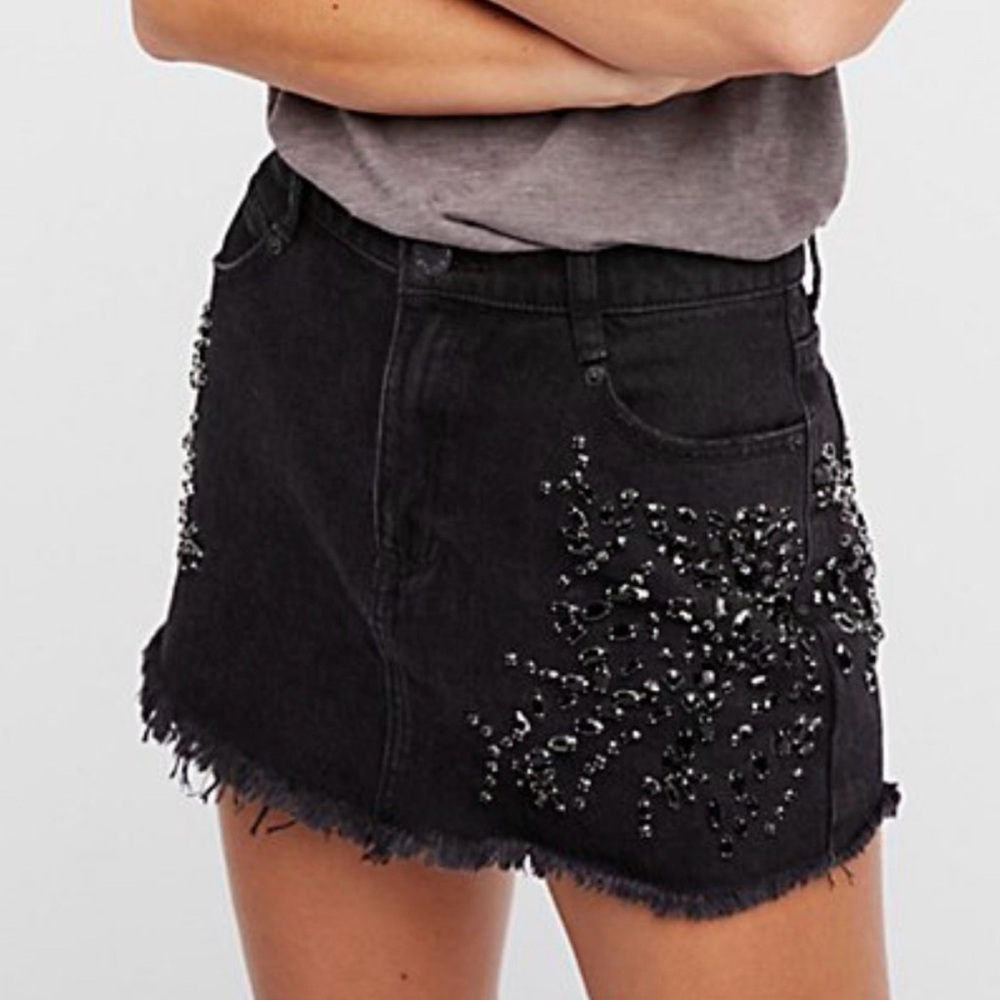 Free People Shine Bright Rhinestone Denim Mini Skirt  Size 6